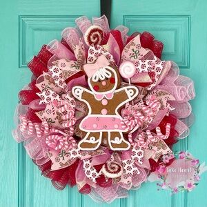 Pink Gingerbread Girl with Peppermint accents Christmas Wreath